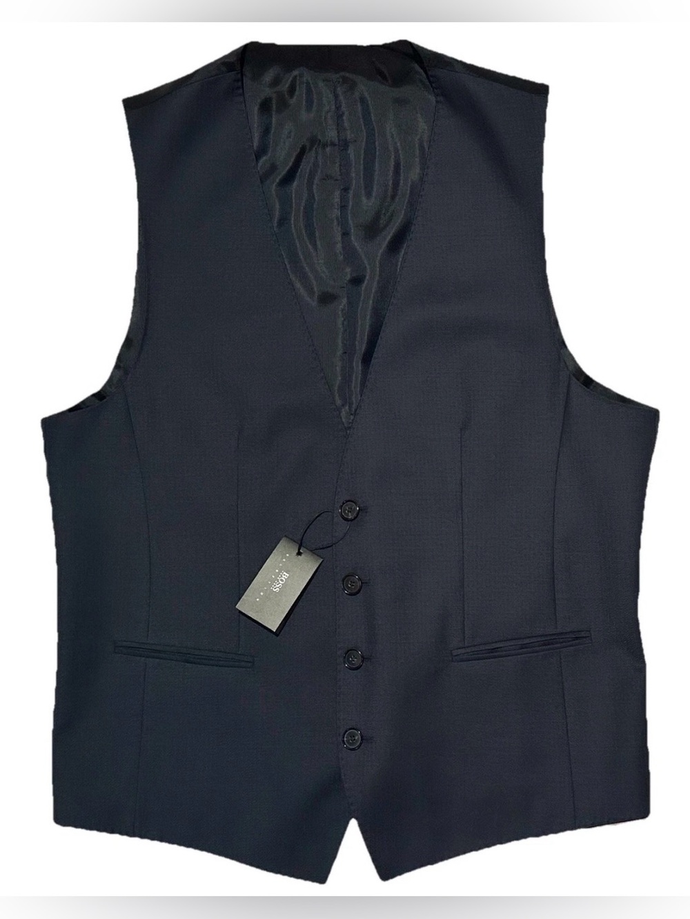$495 NEW HUGO BOSS BLACK LABEL VEST 42L 42 L NAVY SELF STRIPE 4 BUTTON ADJUSTABL